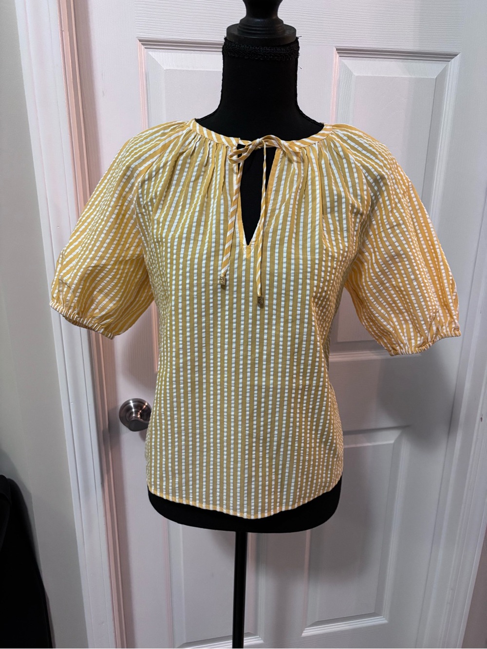 Michael Kors Yellow and White Striped Tie-Neck Blouse